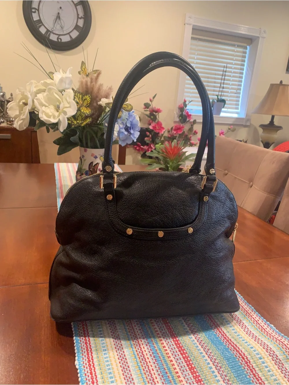 Tory Burch Black Pebbled Leather Satchel with Logo Medallion